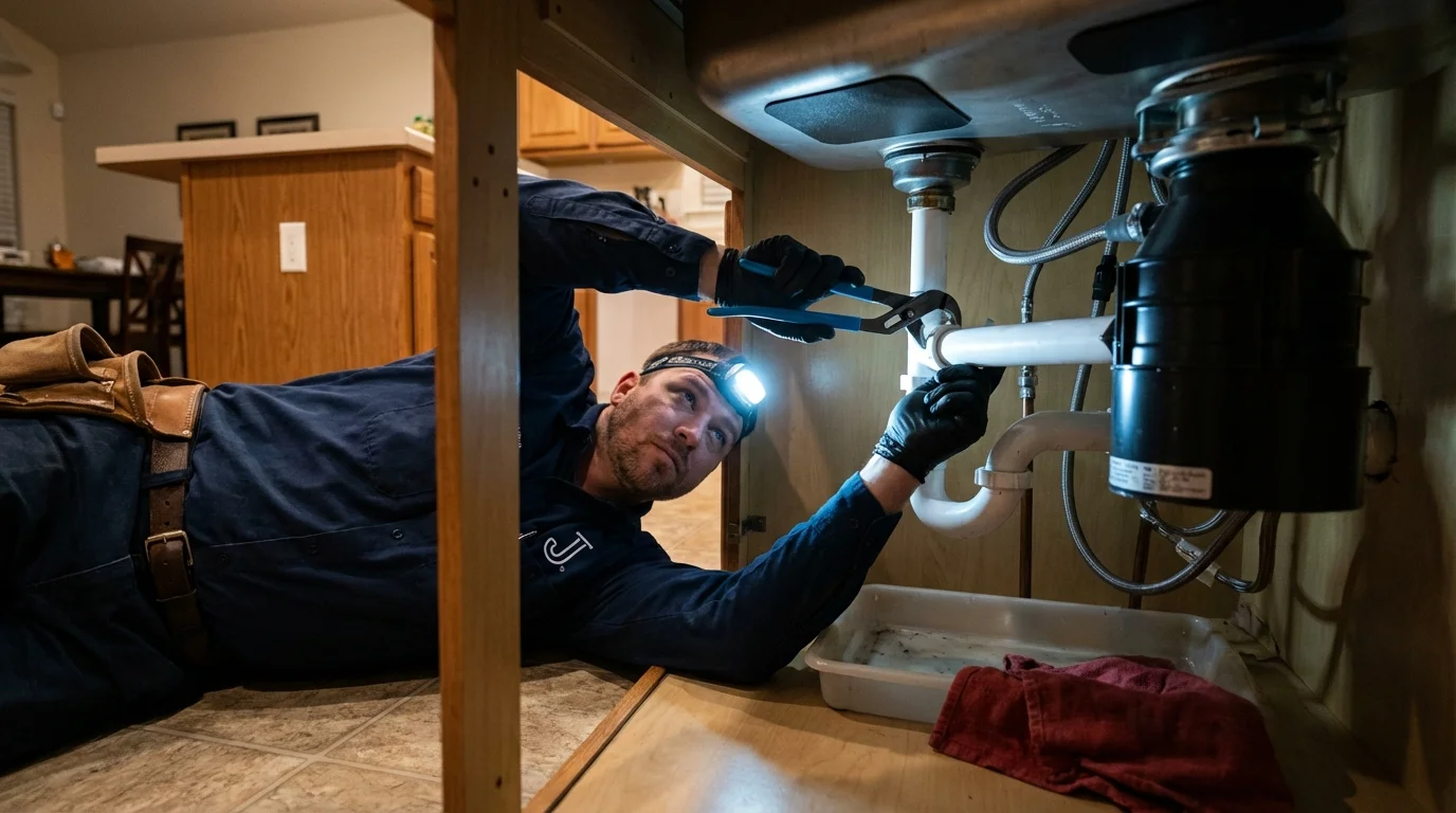 P-trap and supply line connections under a kitchen sink showing a common leak point in Alamo, TX